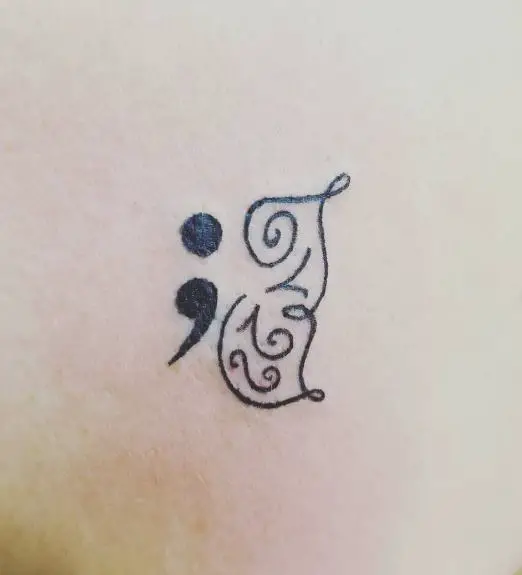 Bold Ink Semicolon and Swirl Line Butterfly Tattoo