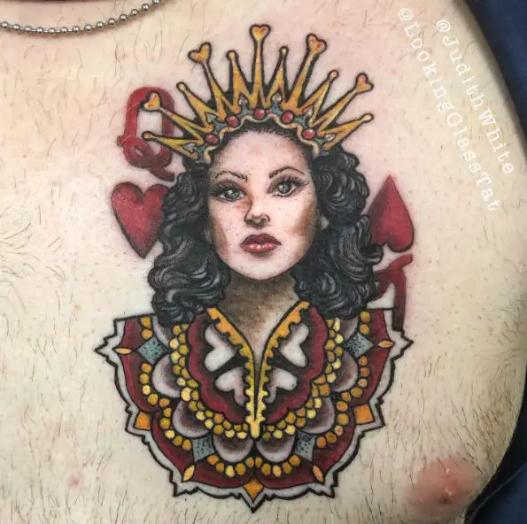 Bold Queen of Hearts Chest Tattoo