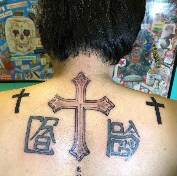 Celtic and Latin Three Cross Back Tattoo