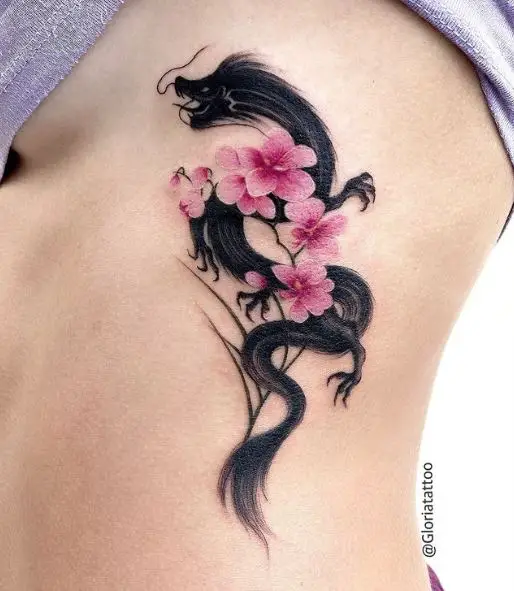 Chinese Ink Wash Dragon and Butterfly Orchid Tattoo