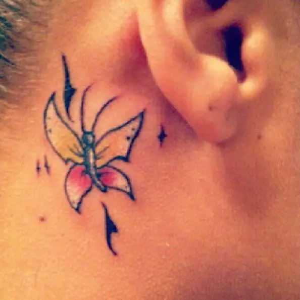 Colored Butterfly Tattoo Behind the Ear