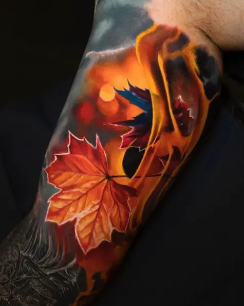 Colored Maple Leaf Arm Tattoo