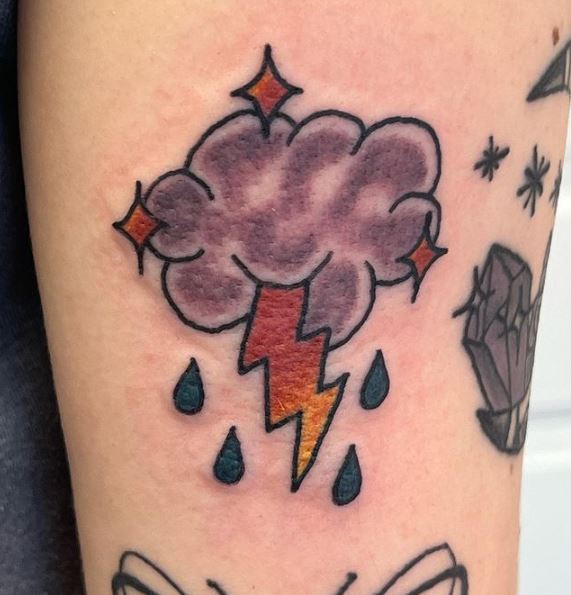 Colored Storm Cloud and Lightning Bolt Tattoo