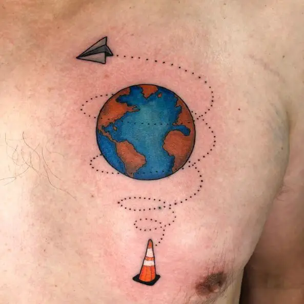 Colorful Earth and Cone with Paper Plane Tattoo