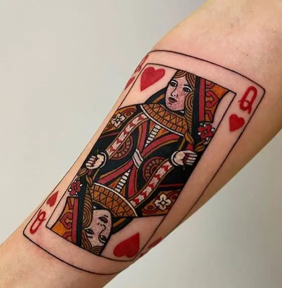 Colorful Queen of Hearts Forearm Tattoo