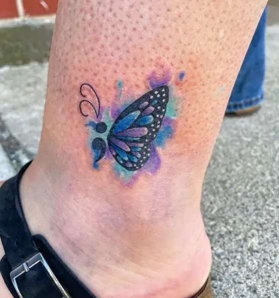 Colorful Semicolon Butterfly Tattoo with Blue and Purple Color Splash
