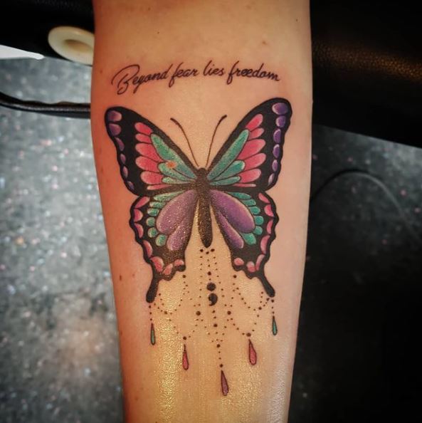 Colorful Semicolon Butterfly with Ornaments and a Text Tattoo