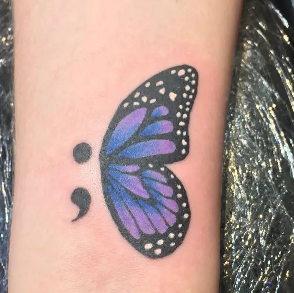 Colorful and White Dots Semicolon Butterfly Tattoo