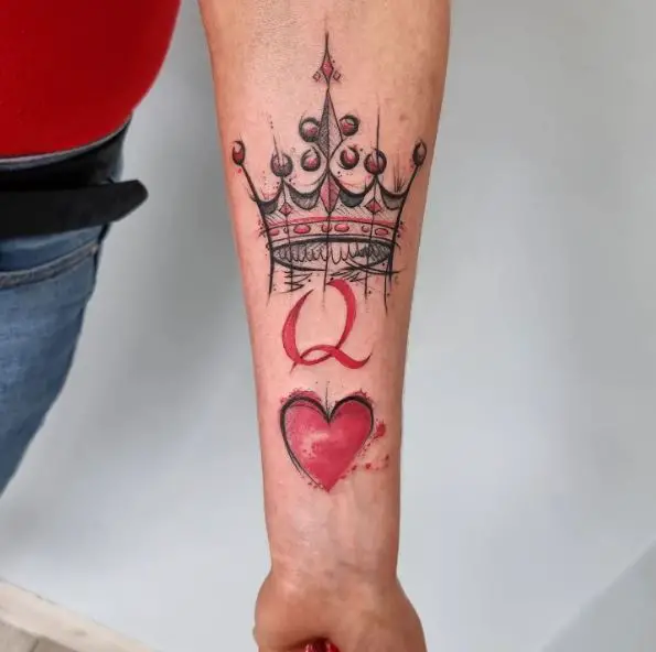 Crown, Red Heart with Q Tattoo Piece