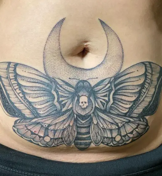 Death Moth and Moon Tummy Tattoo
