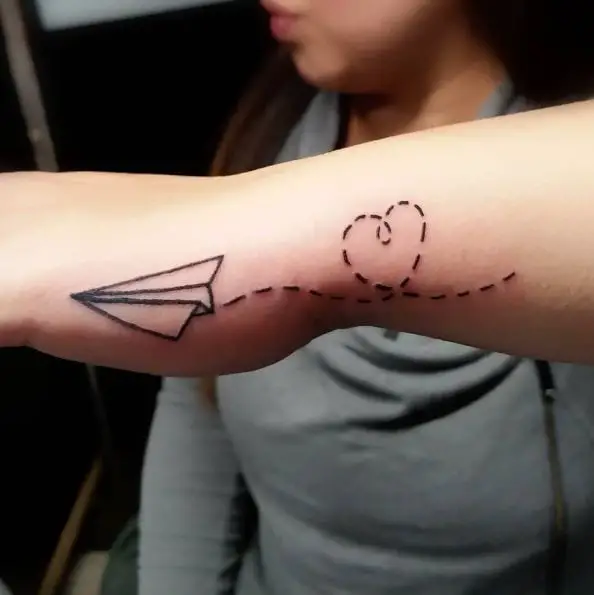 Dotted Lines Heart with Paper Plane Tattoo