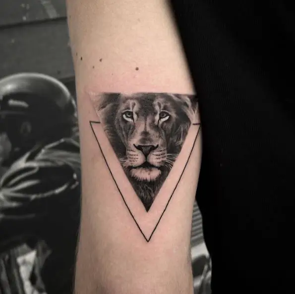 Double Triangle Tattoo with Lion Face
