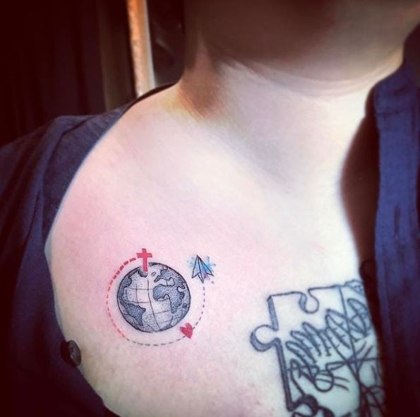 Earth, Cross, Red Heart with Travelling Paper Plane Chest Tattoo
