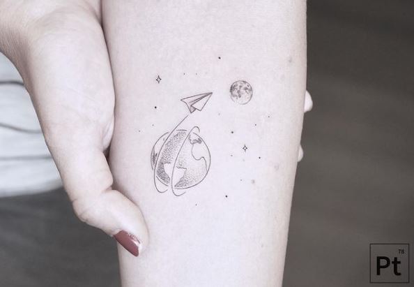 Earth and Starts with Paper Plane Tattoo