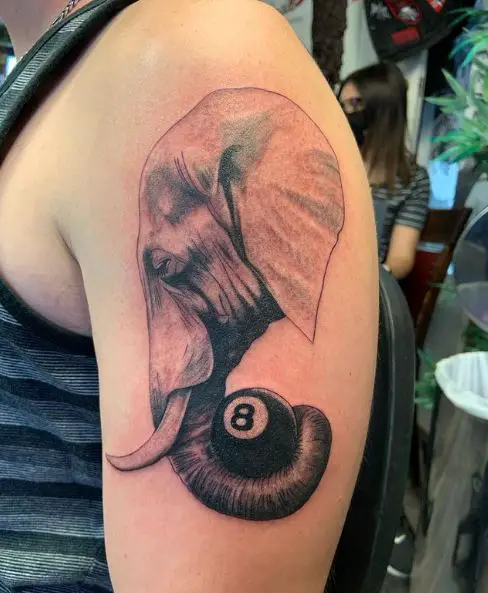 Elephant and 8 Ball Arm Tattoo