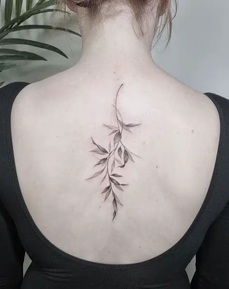 Fine Lined Pencil Shading Leaf Back Tattoo