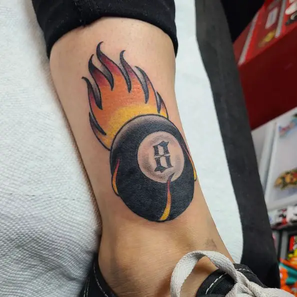 Flaming 8 Ball Leg Tattoo