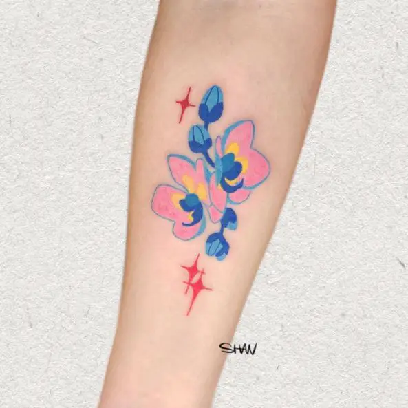 Flashy Pink and Blue Orchid Flower Tattoo