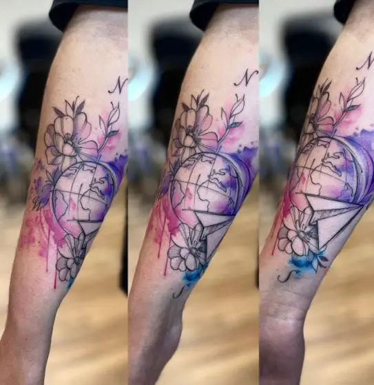 Floral Earth with Paper Plane Forearm Tattoo