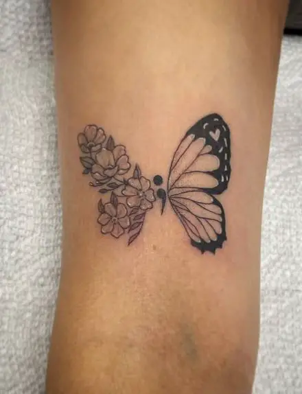 Floral Wing Semicolon Butterfly Tattoo