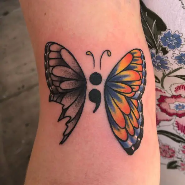 Grey and Colored Semicolon Butterfly Tattoo