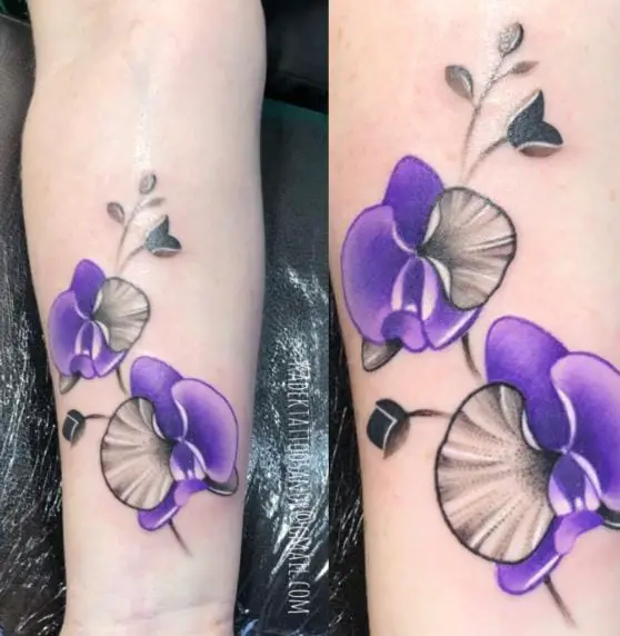 Grey and Purple Orchid Flower Forearm Tattoo