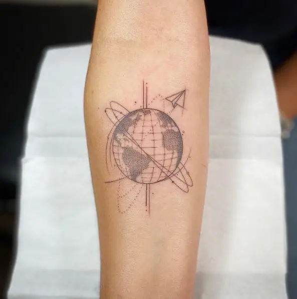 Greyish Globe with Paper Plane Travel Tattoo