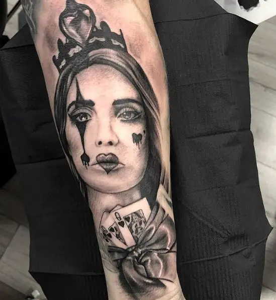 Greyish Sad Queen of Hearts Tattoo