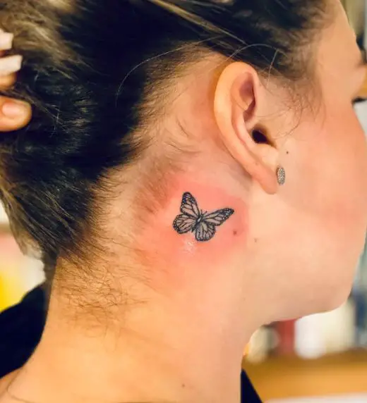 Greyscale Butterfly Tattoo Behind the Ear