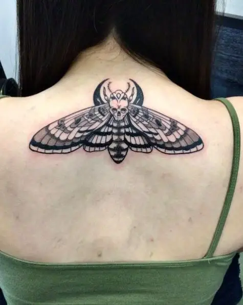 Greyscale Death Moth Back Tattoo Piece