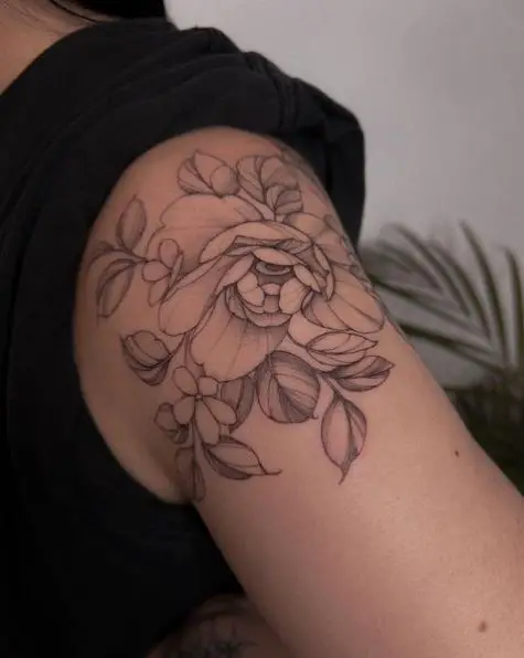 Greyscale Flower and Leaves Arm Tattoo