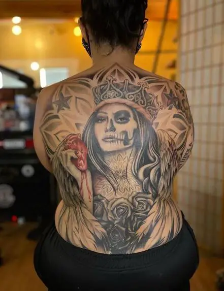 Greyscale Queen of Hearts Back Tattoo