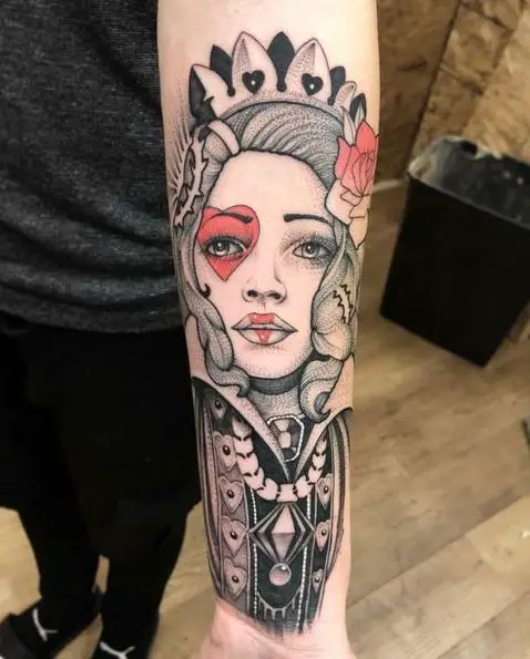 Greyscale Queen of Hearts with Red Heart Tattoo