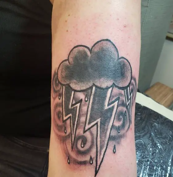 Greyscale Storm Cloud and Lightning Bolt Tattoo Piece