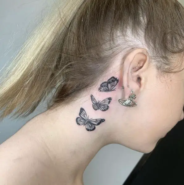 Greyscale Triple Butterflies Ear Tattoo