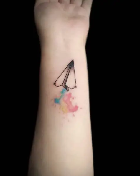 Grayish Paper Plane with Some Colour Splash Tattoo