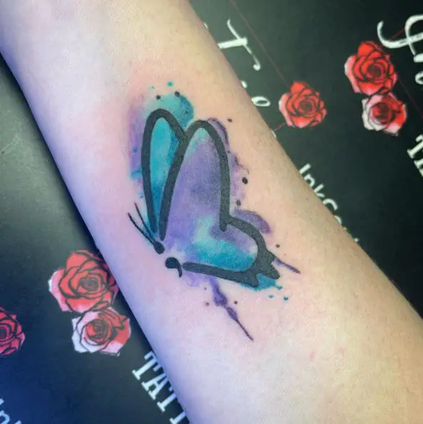 Heart Shaped Semicolon Butterfly Tattoo with Little Watercolor Splash