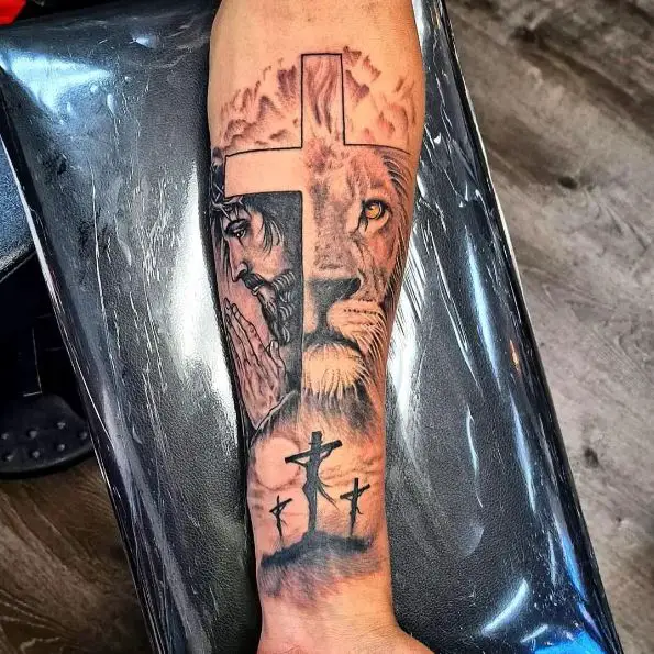 Jesus and the Lion with Three Crucifixion Cross Tattoo