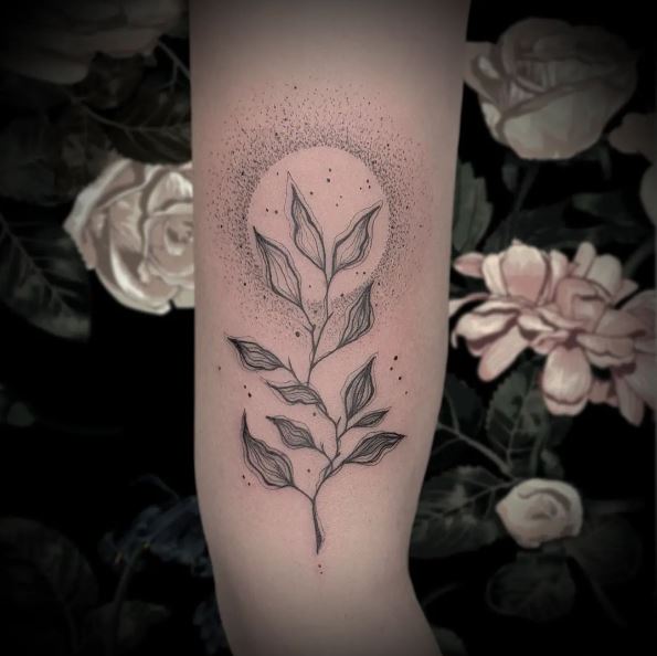 Leaf Tattoo With Branches and Sun