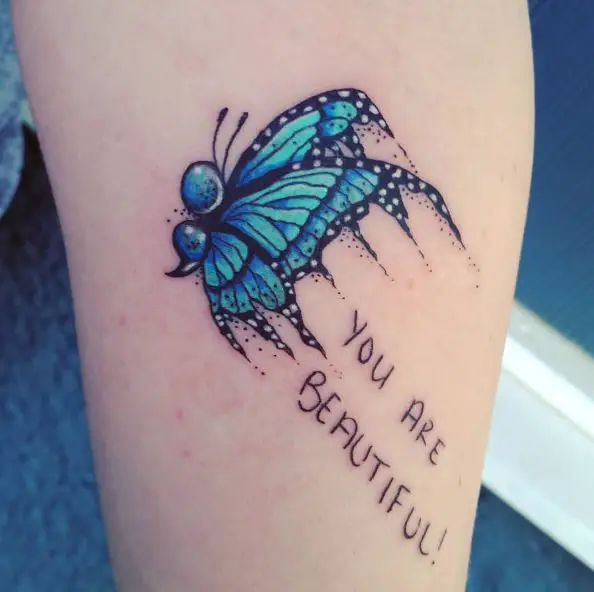 Lettering Tattoo with Black and Blue Semicolon Butterfly