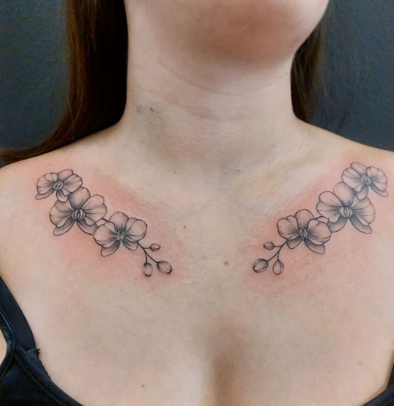 Matching Orchid Flowers Collarbone Tattoo