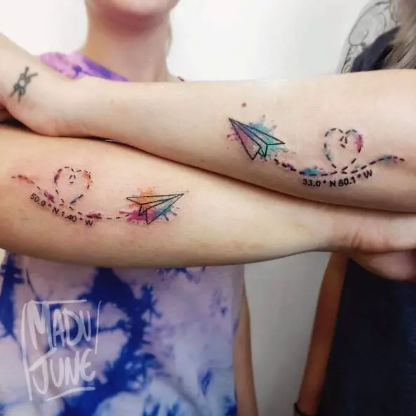 Matching Colorful Paper Plane Tattoo with Heart Shape