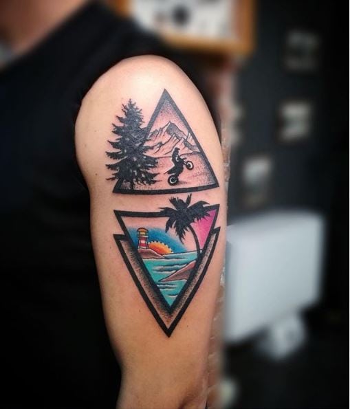 Mountain and Beach Double Triangle Arm Tattoo