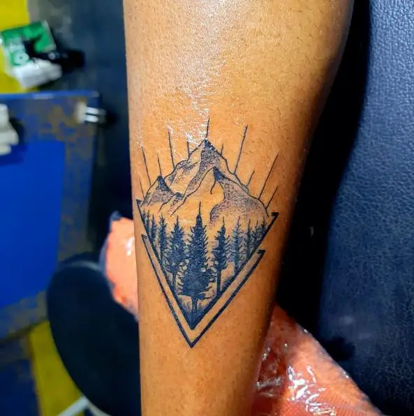 Mountain and Trees Double Triangle Tattoo