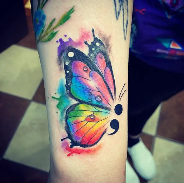 Multicolored Semicolon Butterfly Tattoo