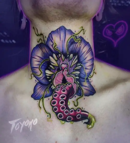Octopus and Orchid Neck Tattoo