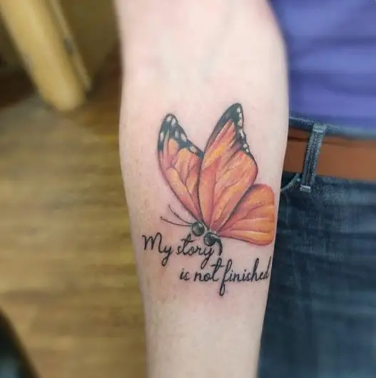 Orange with Black Semicolon Butterfly and a Quote Forearm Tattoo