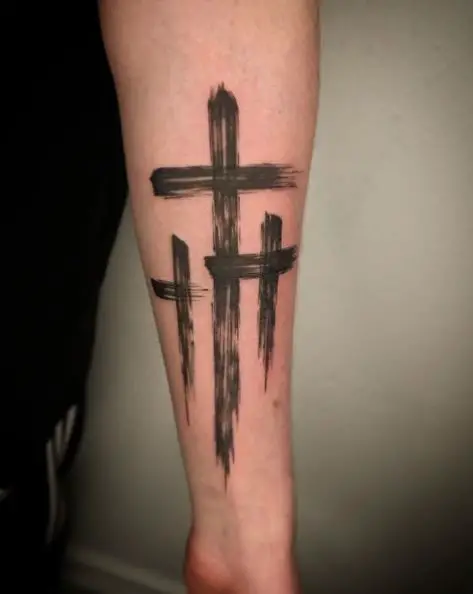 Paint Brush Style Three Cross Forearm Tattoo