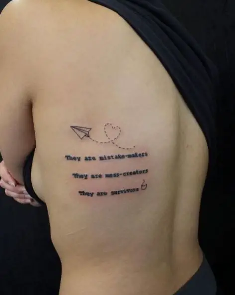 Paper Plane Tattoo with a Quote and Tiny Coffee Cup