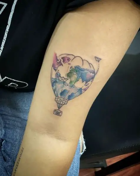 Paper Plane and Boat in Air Balloon Travel Tattoo Design